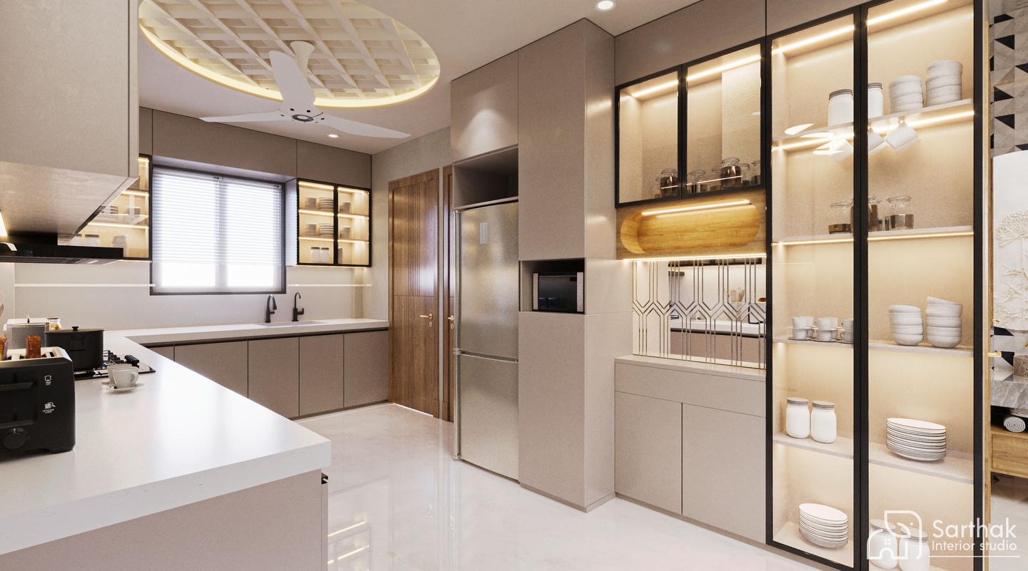 Kitchen with a circular latticed ceiling feature above the sink