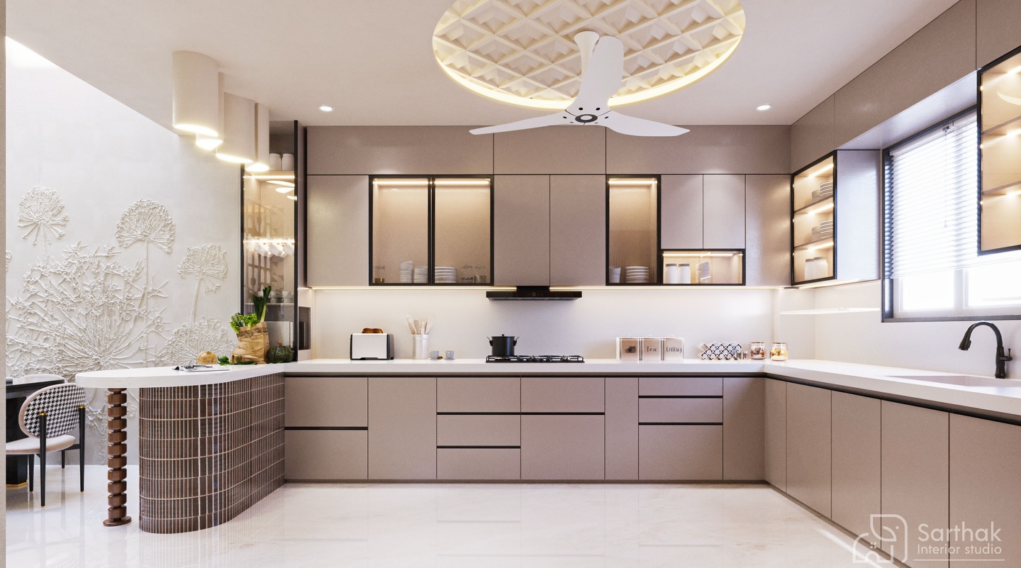 U-shaped modern kitchen with taupe cabinetry and a sculpted floral feature wall