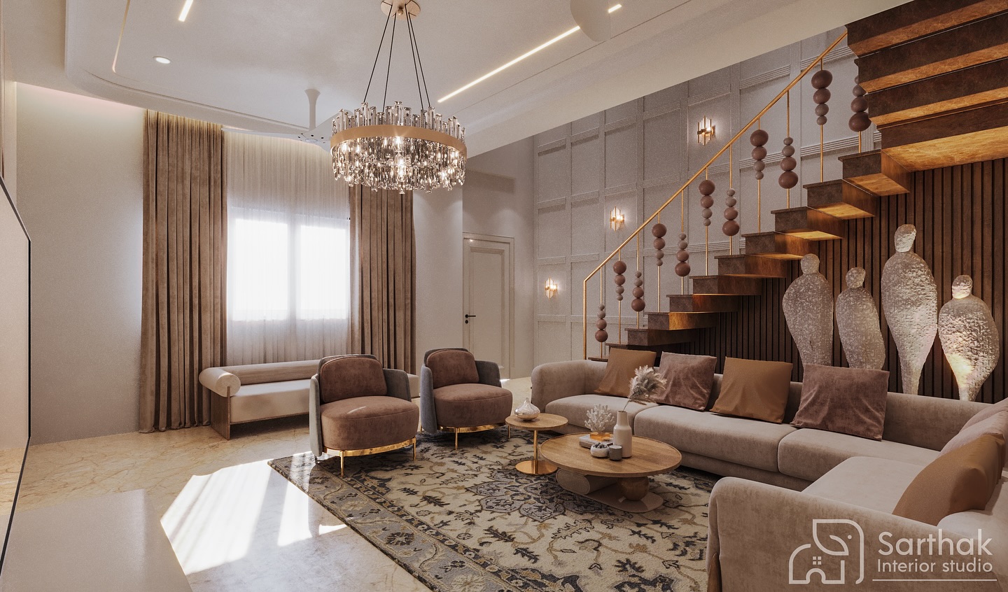 Living room with round crystal chandelier and velvet armchairs